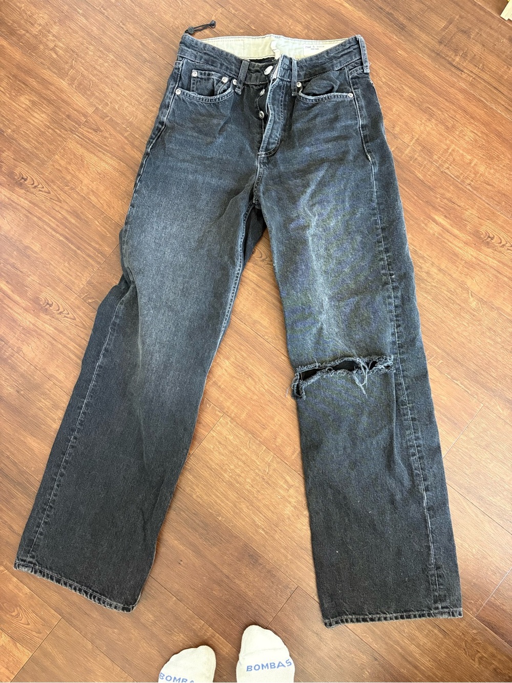 rag & bone Black Washed Straight Jeans with Knee Distress